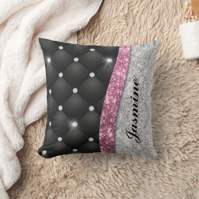 Chic gigfaux Silver glitter svart rosa monogram Kudde (Filt)