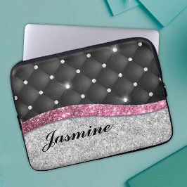 Chic gigfaux Silver glitter svart rosa monogram Laptop Fodral
