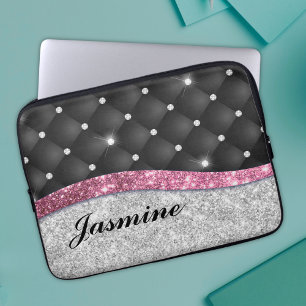 Chic gigfaux Silver glitter svart rosa monogram Laptop Fodral