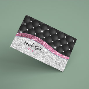 Chic gigfaux Silver glitter svart rosa monogram Magnetiska Visitkort