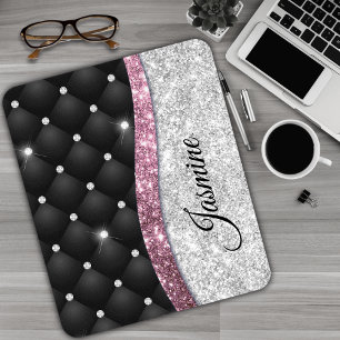 Chic gigfaux Silver glitter svart rosa monogram Musmatta