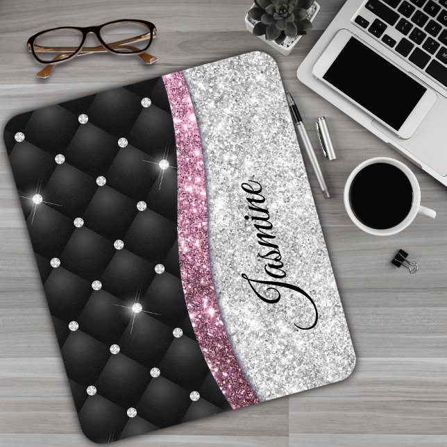 Chic gigfaux Silver glitter svart rosa monogram Musmatta (Skapare uppladdad)