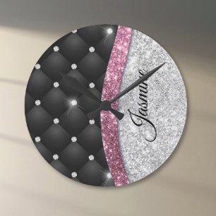 Chic gigfaux Silver glitter svart rosa monogram Rund Klocka