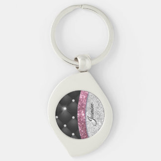 Chic gigfaux Silver glitter svart rosa monogram Swirl Silverfärgad Nyckelring