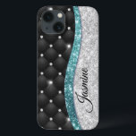 Chic gigfaux Silver glitter svart teal monogram<br><div class="desc">Söt chic och elegant gifaux faux silver teal turquise aqua glitter och noshörningar som har svart tuff design för att skapa en speciell unik snyggt fodral för att skydda din enhet. Vacker, modern och coola täckning för den trendviga och konsthundande höftledaren. Den här snyggtens sofistikerade utformning skulle vara underbar för...</div>