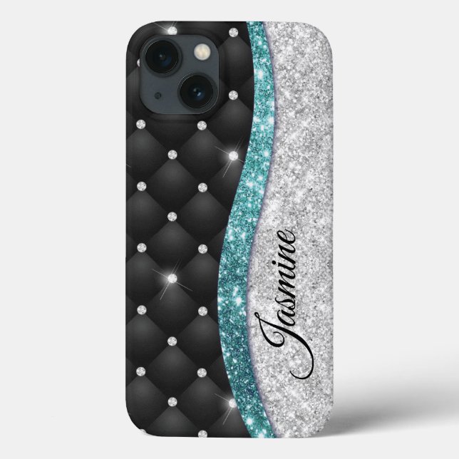 Chic gigfaux Silver glitter svart teal monogram (Baksida)