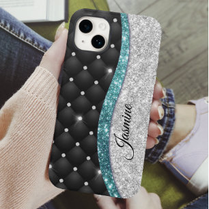Chic gigfaux Silver glitter svart teal monogram