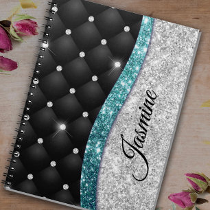 Chic gigfaux Silver glitter svart teal monogram Anteckningsbok