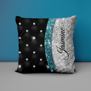 Chic gigfaux Silver glitter svart teal monogram Kudde