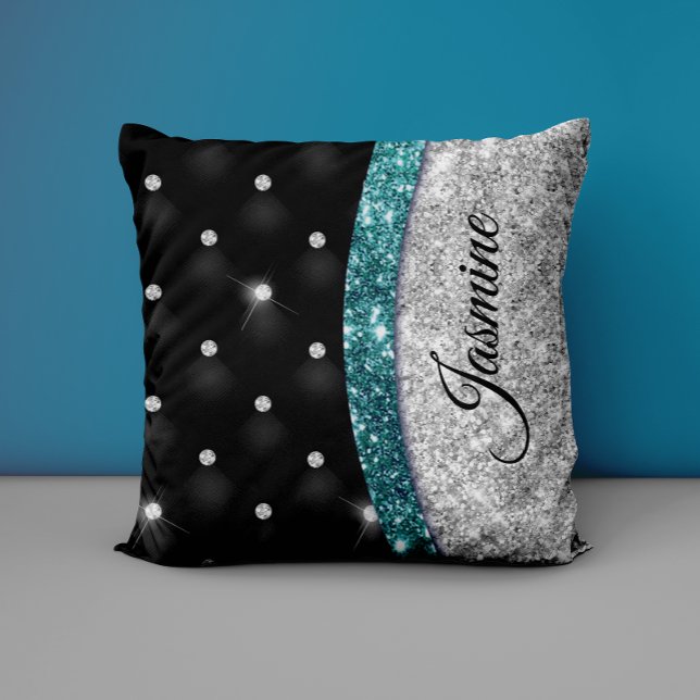 Chic gigfaux Silver glitter svart teal monogram Kudde (Skapare uppladdad)