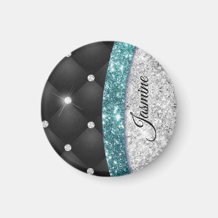 Chic gigfaux Silver glitter svart teal monogram Magnet