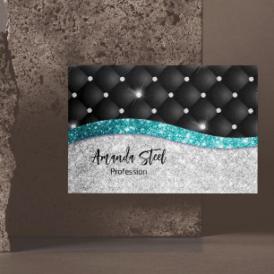 Chic gigfaux Silver glitter svart teal monogram Magnetiska Visitkort