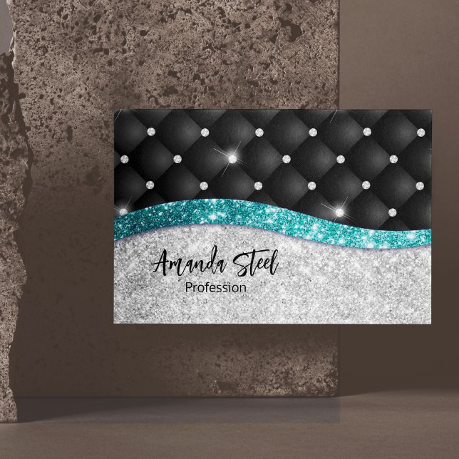 Chic gigfaux Silver glitter svart teal monogram Magnetiska Visitkort (Skapare uppladdad)