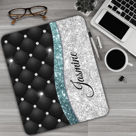 Chic gigfaux Silver glitter svart teal monogram Musmatta