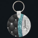Chic gigfaux Silver glitter svart teal monogram Nyckelring<br><div class="desc">En coola giftig faux silver teal turquise aqua glitter och noshörningar som har svart tuff design. Elegant Glitter Monogram-nyckelkedja. Anpassa den med ditt namn, monogram eller annan önskad text. Det gör perfekten söt 16-årsjubileum, bröllop, möhippa, årsdag, babydusch eller bachelorette-fest för någon som glam lyxen och chic stilar i kärlek. Vare...</div>