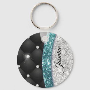 Chic gigfaux Silver glitter svart teal monogram Nyckelring