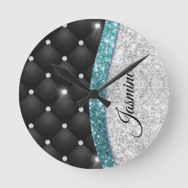 Chic gigfaux Silver glitter svart teal monogram Rund Klocka