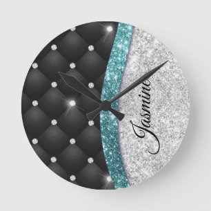 Chic gigfaux Silver glitter svart teal monogram Rund Klocka