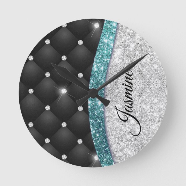 Chic gigfaux Silver glitter svart teal monogram Rund Klocka (Framsida)