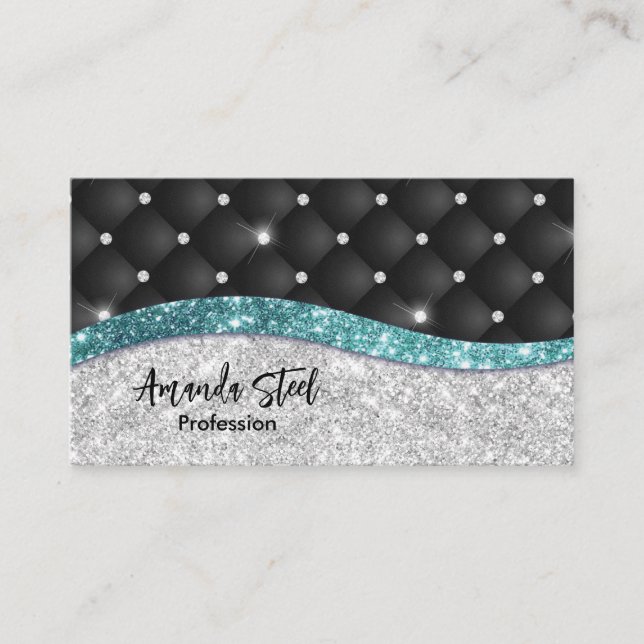 Chic gigfaux Silver glitter svart teal monogram Tidsbeställning Kort (Framsida)