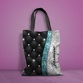 Chic gigfaux Silver glitter svart teal monogram Tygkasse