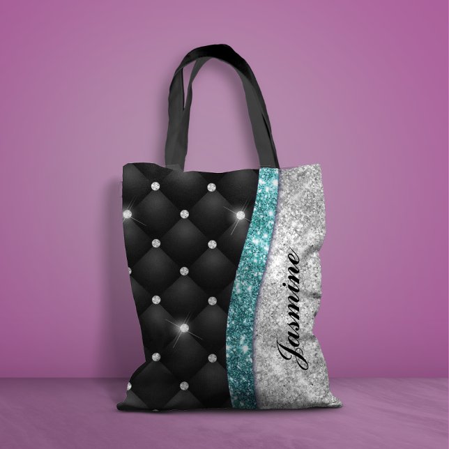 Chic gigfaux Silver glitter svart teal monogram Tygkasse (Skapare uppladdad)