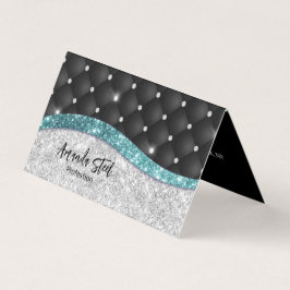 Chic gigfaux Silver glitter svart teal monogram Visitkort