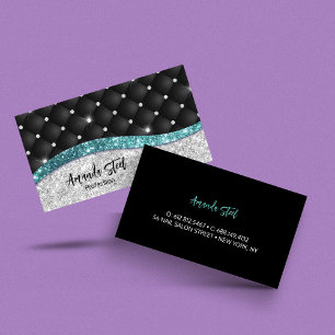 Chic gigfaux Silver glitter svart teal monogram Visitkort
