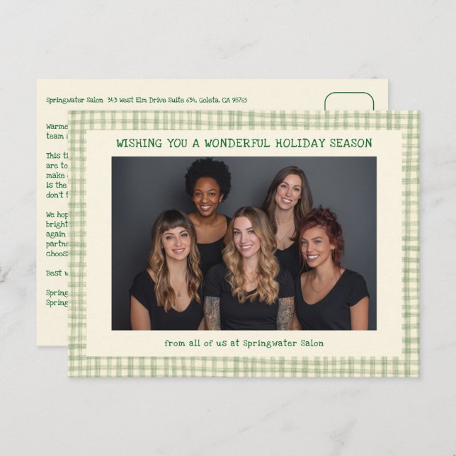 Chic Gingham Green Christmas Custom Business  Helg Vykort (Fram/baksida)
