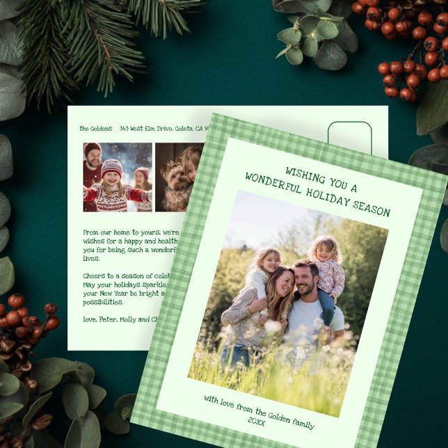 Chic Gingham Grön Jul Anpassad 3 Foto Helg Vykort (Chic Gingham Green Christmas Custom 3 Photo Holiday Postcard
)