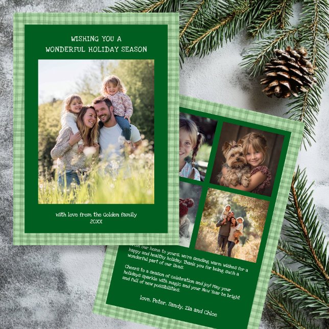Chic Gingham Grönt  Anpassningsbar 5 Foto Julkort (Chic Gingham Christmas Green Custom 5 Photo Holiday Card
)