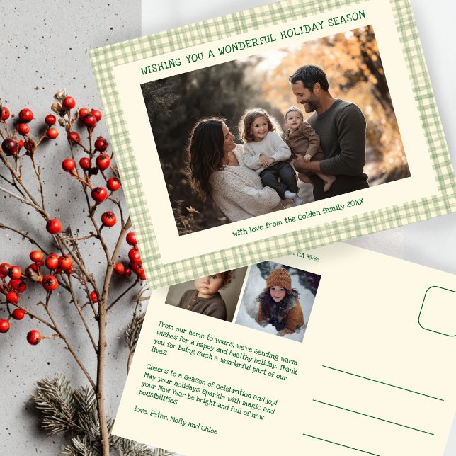 Chic Gingham Grönt jul Anpassningsbar 3 Foto Helg Vykort (Chic Gingham Green Yellow Soft Christmas Custom 3 Photo Holiday Postcard
)