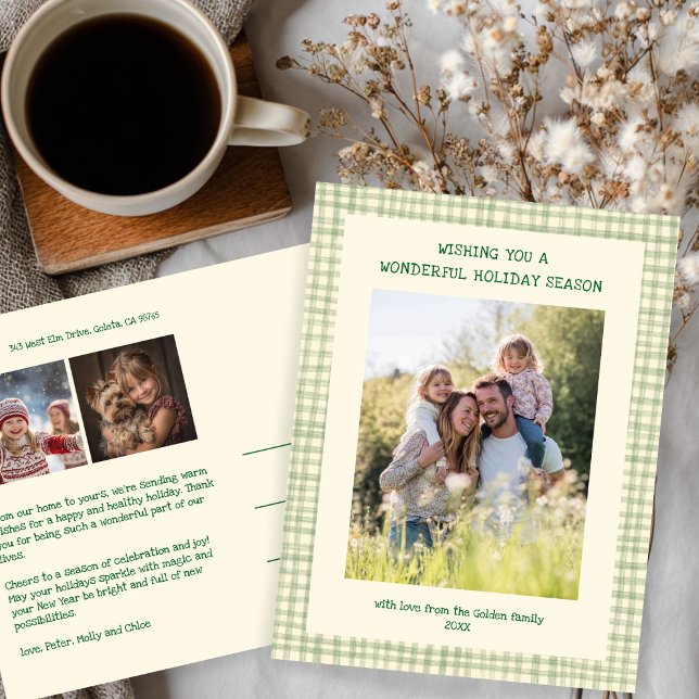 Chic Gingham Grönt jul Anpassningsbar 3 Foto Helg Vykort (Chic Gingham Green yellow Christmas Custom 3 Photo Holiday Postcard
)