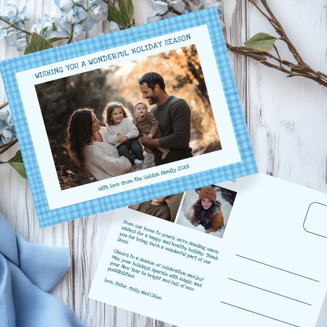 Chic Gingham Hanukkah Jul Anpassningsbar 3 Foto Helg Vykort (Chic Gingham Plaid Handmade Hanukkah Christmas Custom 3 Photo Holiday Postcard
)