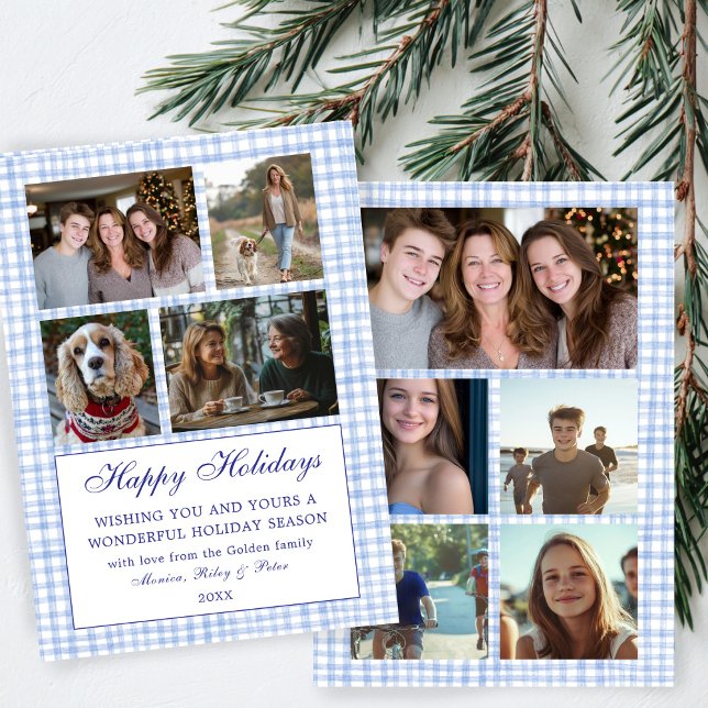 Chic Gingham jul Anpassningsbar 9 Photo Collage Bl Julkort (Chic Preppy Cute Gingham Christmas Hanukkah Custom 9 Photo Collage Blue White Holiday Card
)