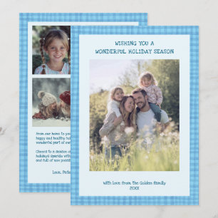 Chic Gingham jul Blue Anpassningsbar 5 Photo Julkort