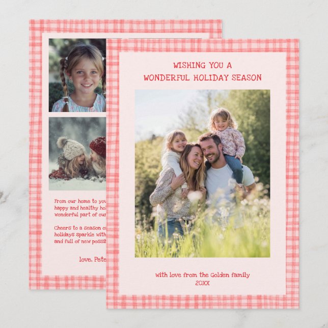 Chic Gingham Jul Rosa Red Anpassningsbar 5 Photo Julkort (Fram/baksida)