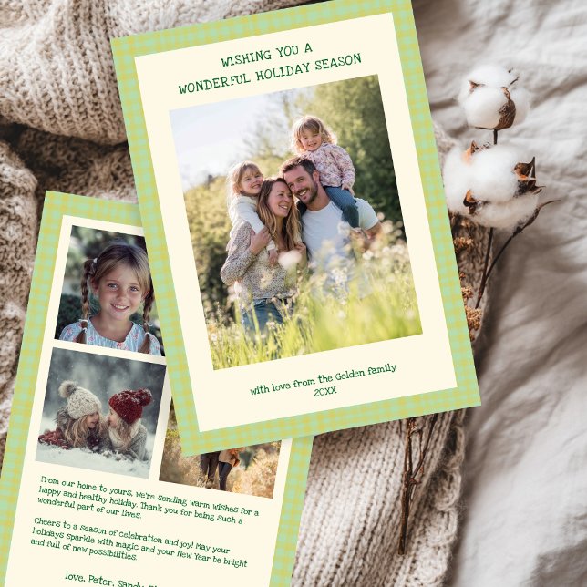 Chic Gingham jul Yellow Anpassningsbar 5 Photo Julkort (Chic Gingham Christmas Yellow Green Custom 5 Family Photo Collage Holiday Card
)