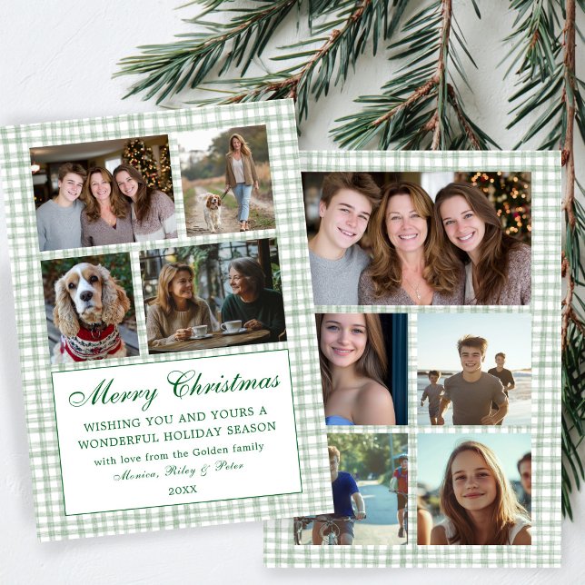 Chic Gingham julAnpassningsbar 9 Photo Collage Julkort (Chic Gingham Christmas Custom 9 Photo Collage Holiday Card
)
