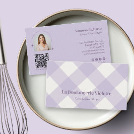Chic Gingham Lila Bageri QR Foto Visitkort