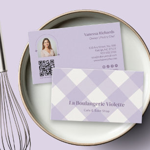 Chic Gingham Lila Bageri QR Foto Visitkort