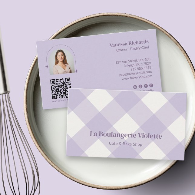 Chic Gingham Lila Bageri QR Foto  Visitkort (Skapare uppladdad)