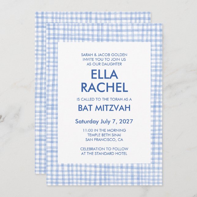 Chic Gingham Modern Custom QR CODE Bat Bar Mitzvah Inbjudningar (Fram/baksida)