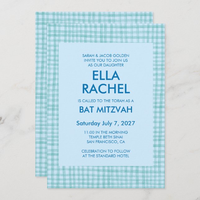 Chic Gingham Modern Custom QR CODE Bat Bar Mitzvah Inbjudningar (Fram/baksida)