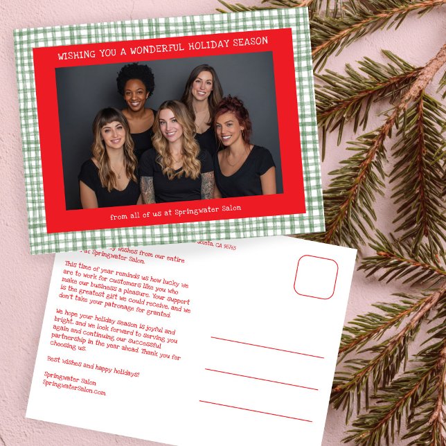 Chic Gingham Red Green Christmas Custom Business  Helg Vykort (Chic Gingham Red Green Christmas Custom Photo Business Corporate Office Holiday Postcard
)