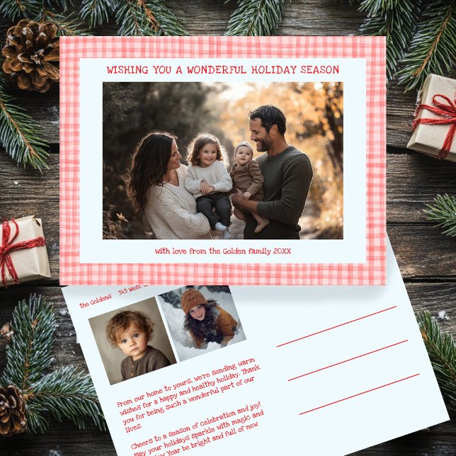 Chic Gingham Rosa Blue jul Anpassningsbar 3 Foto Helg Vykort (Chic Gingham Pink Blue Red Christmas Custom 3 Photo Holiday Postcard
)