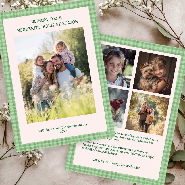 Chic Gingham Rosa  Grönt Anpassningsbar 5 Foto Julkort (Chic Gingham Christmas Pink Green Custom 5 Photo Holiday Card
)