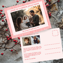 Chic Gingham Rosa Red jul Anpassningsbar 3 Photo Helg Vykort