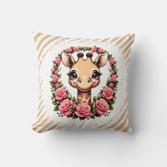 Chic Giraffe med Blommigt Krona Kudde (Framsida)