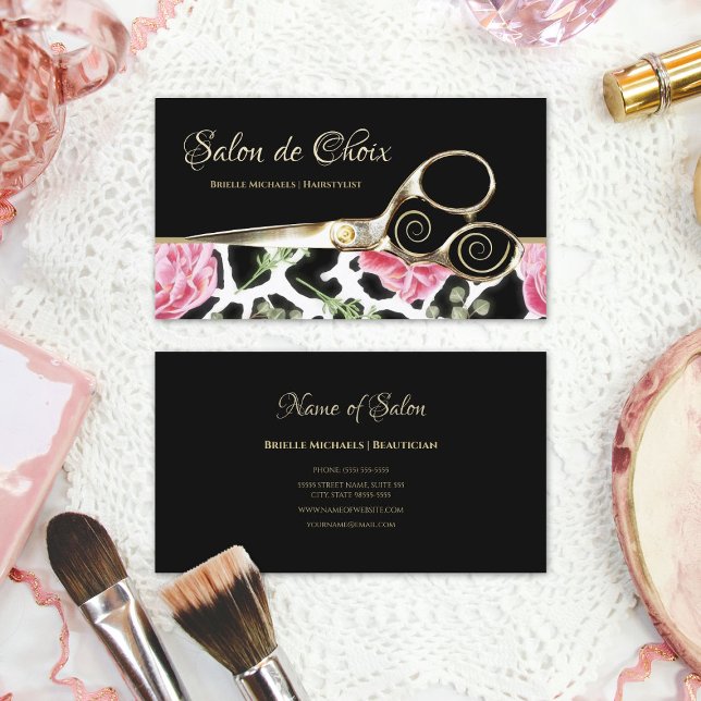 Chic Giraffe Print Rosa Blommigt Guld Scissors Sal Visitkort (Chic Giraffe Print Pink Floral Gold Scissors Salon Business Cards)